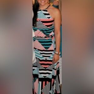 Jessica Simpson Pink and Blue Geometric Maxi Dress